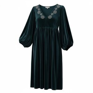 Part Two “Thalea” Velvet Midi Dress-Embroidered V-Neck & Bishop Sleeves Size S